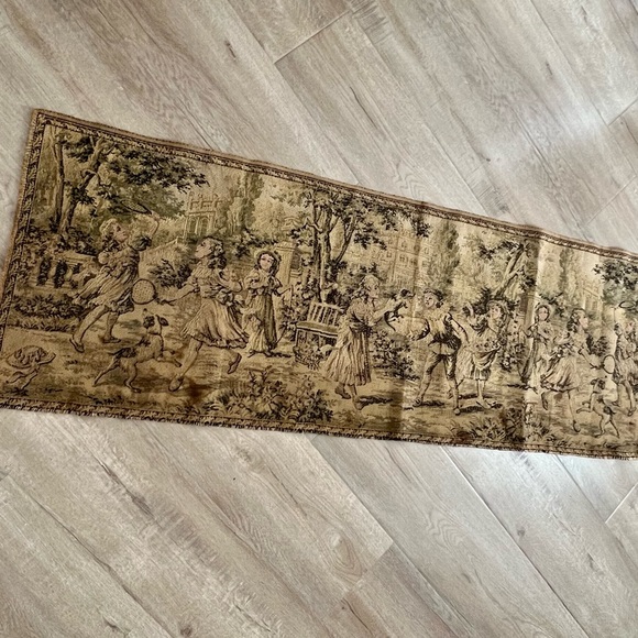 Vintage Antique Needlepoint French Rococo Tapestry Rug‎ Children Play in Garden